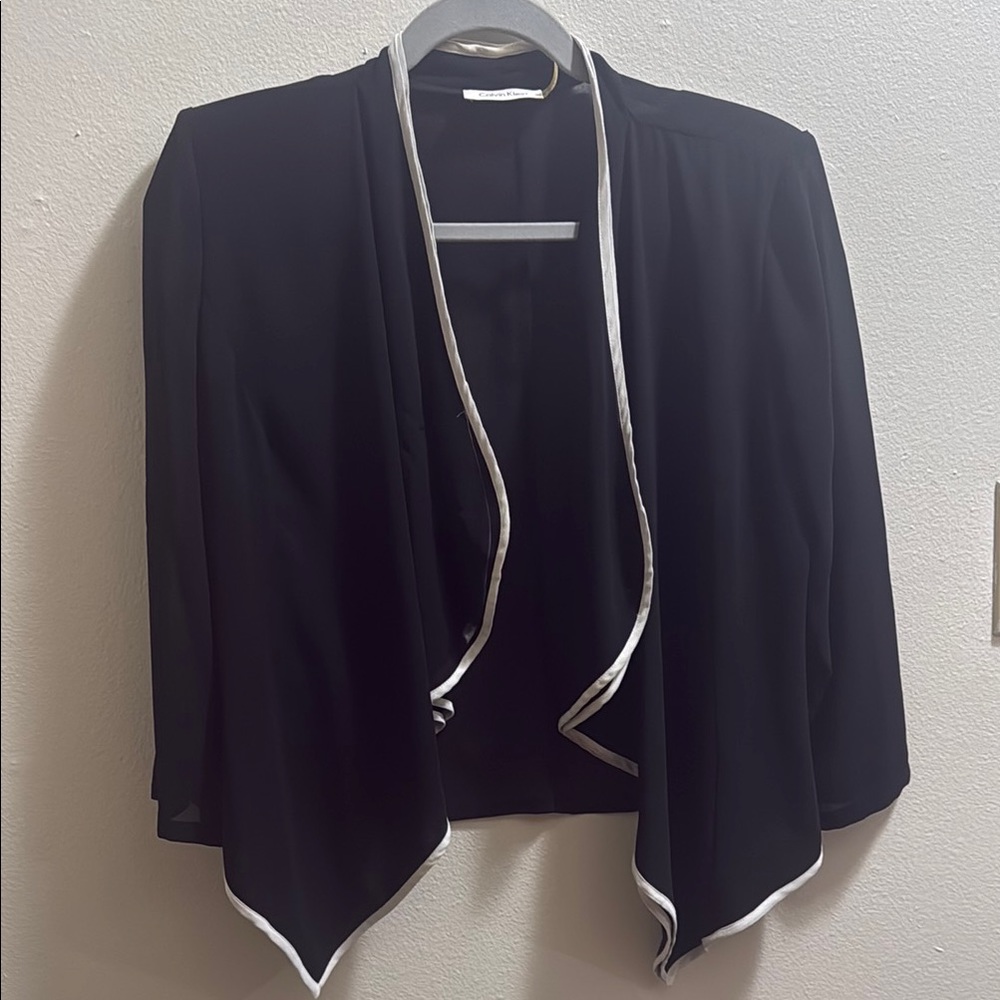 Calvin Klein Black Open Front Blazer with White Trim
